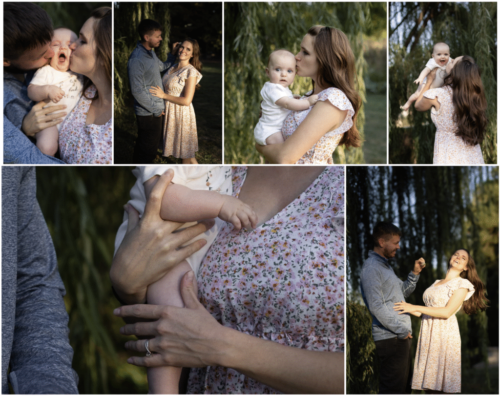 Family photo collage from a Tower Grove Park session in St. Louis featuring parents with their baby, warm evening light, and candid moments.