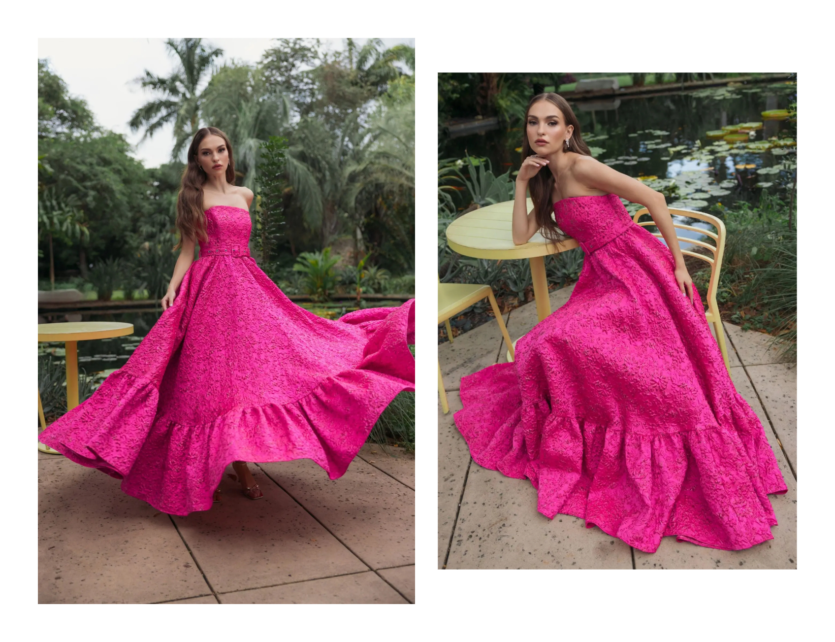 A fuchsia ballgown with a cinched waist, strapless neckline, textured fabric, and a sweeping ruffled hem. Playful, dramatic.
