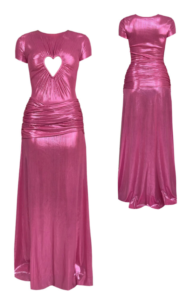 A metallic rose-pink column gown with a heart-shaped cutout, ruched waist, and liquid-shine fabric. Barbiecore, disco glamour, romance.
