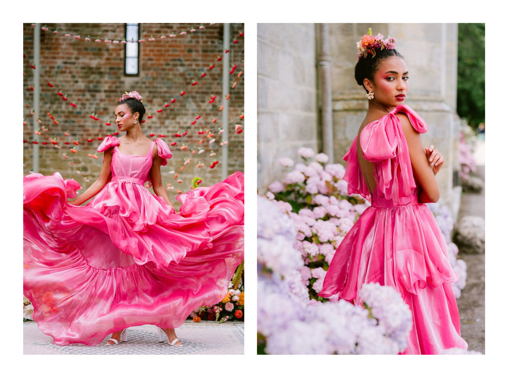 puff bow sleeves, massive layered organza skirt