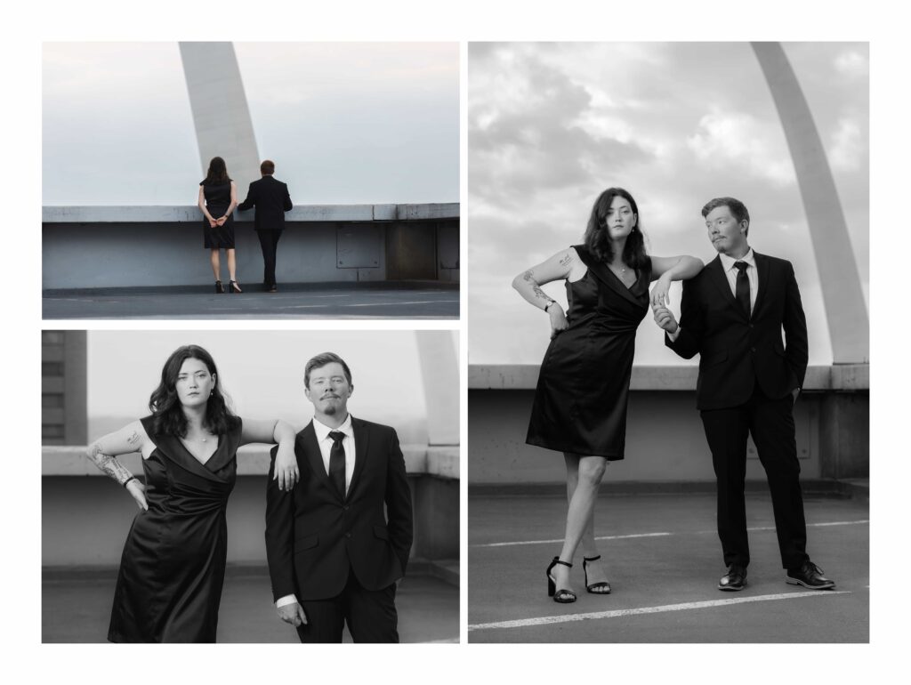 St. Louis Couples Photos on a rooftop, gateway arch
